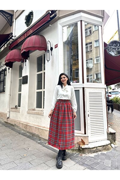 KÜÇÜĞÜM BUTİK Red Plaid Gathered Waist Long Skirt