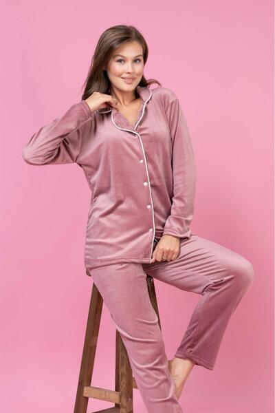 Elit Dusty Rose Front Buttoned Velvet Winter Women's Pajamas Set Dowry Set