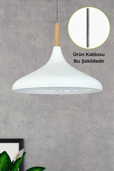 Bamyum Beyaz İç Beyaz Ütü Kablo Ahşap Tekli Avize Sarkıt Salon Mutfak Lamba A...