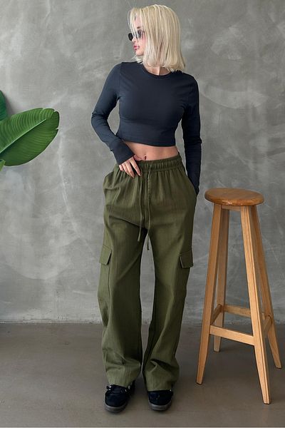 Seeh Muslin Fabric Khaki Women's Trousers - Pocket Detail and Waist Elastic Sh186