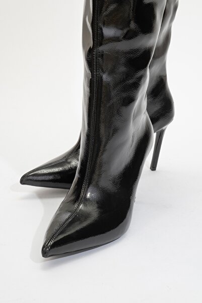 LuviShoes CLEJA fekete lakkbőr női vékony sarkú, térd feletti női csizma