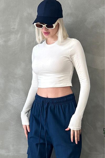 Seeh Ecru Crew Neck Long Sleeve Women's Top Body Sh216