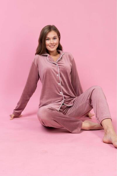 Elit Dusty Rose Front Buttoned Velvet Winter Women's Pajamas Set Dowry Set