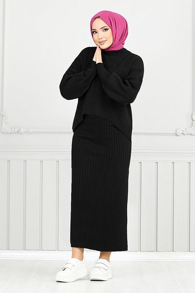 ModaMerve Black Knitwear Blouse and Gilet Set - 930Klb1051-M