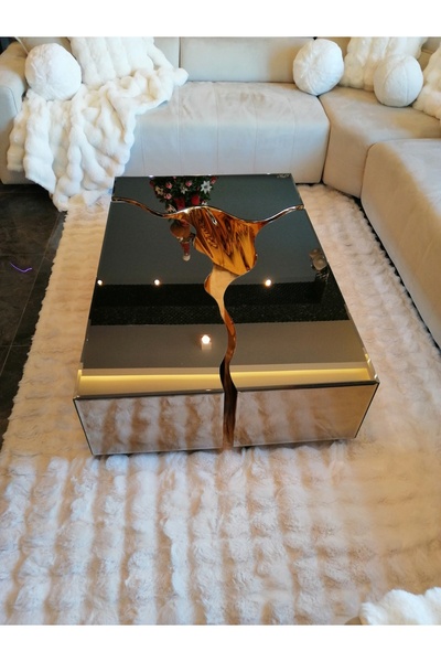 LUXURY VİLLA LUXURY BRONZ AYNALI TEKERLEKLİ ORTA SEHPA 80X120 YÜKSEKLİK 32CM