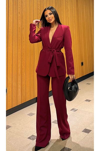 pembekurdelem Burgundy Belted Women's Jacket and Trousers Set