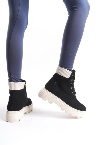 CZ London Kadın Kısa Postal Bot Tırtık Kalın Taban Günlük Yuvarlak Burun Bot