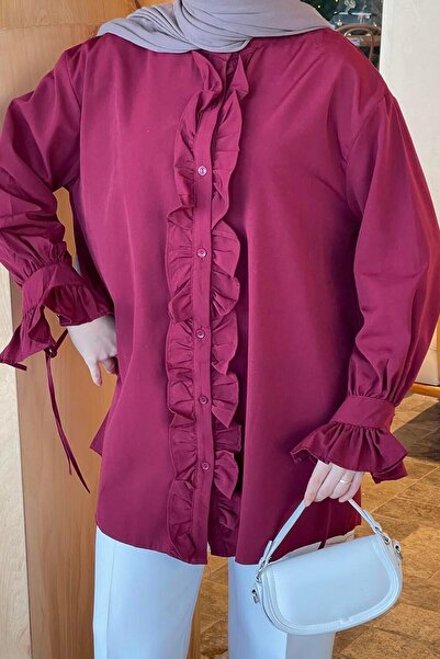 lamelif Claret Red Flores Tunic - Ruffled