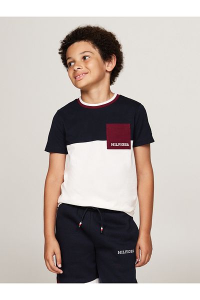 Tommy Hilfiger White & Blue Round Neck Short Sleeve Colorblock T-shirts