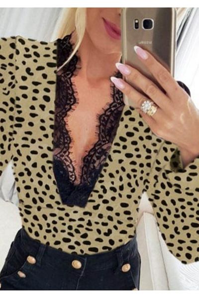 shop Silky Women's Long Sleeve Front Deep Lace Collar Leopard Print Diver Blouse