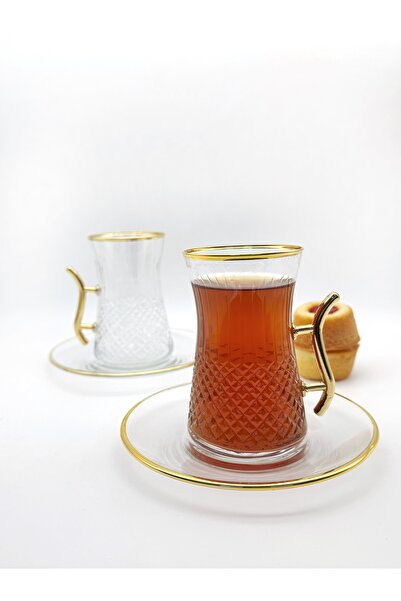 ÖzcamKristal 6 Kişilik 12 Parça Baklava Kesim Kulplu Çay Bardak Takımı – Beya...