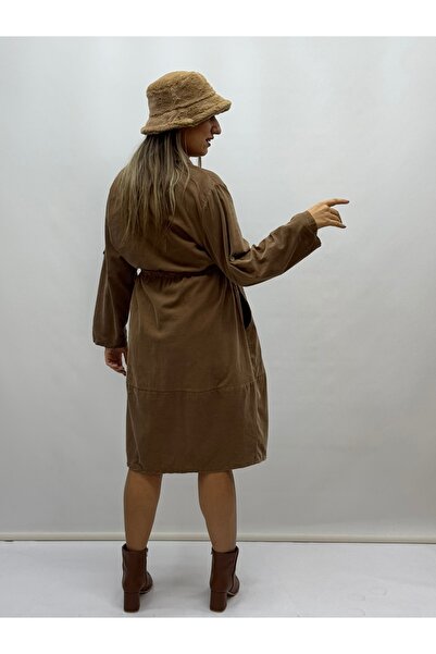 İTALYAN BUTİK İTALYAN BELDEN KORDONLU CEPLİ İNCE FİTİLLİ KADİFE GÖMLEK ELBİSE
