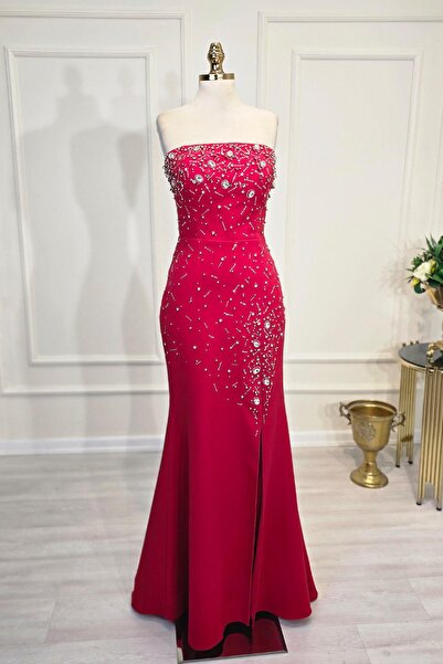 Yonca Moda Evi Kırmızı Krep Taş İşlemeli Abiye 4111