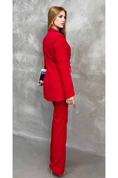 pembekurdelem Kadın Saten Şal Yaka Klasik Ceket Pantolon Takım Kırmızı