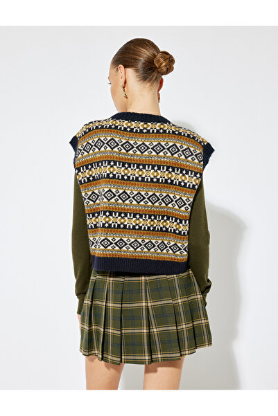 Koton Sima Tarkan Oversize Knitwear Sweater - Round Neck, Multicolor Ethnic Pattern