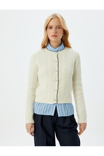 Koton X Sima Tarkan - Buttoned Round Neck Long Sleeve Hair Knit Cardigan