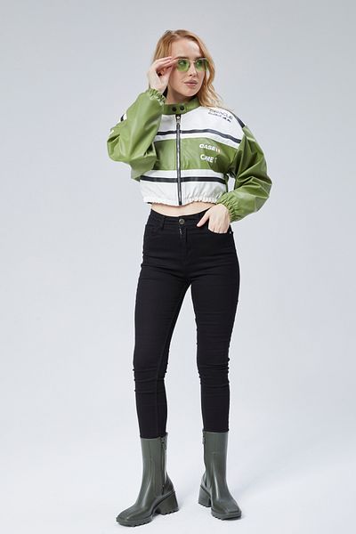 CHOS7N Women's Leather Printed Jacket - Rubber Waist, Sleeves and Prevailing Collar Bomber Coat