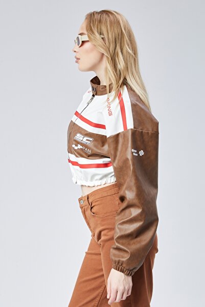 CHOS7N Δερμάτινο εμπριμέ γυναικείο μπουφάν - Μπουφάν από καουτσούκ μέσης, μανίκια και γιακά