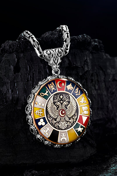 OSMANLI GÜMÜŞ Erkek Gümüş Kolye - 16 Türk Devleti Bayrakları Işlemeli Selçukl...