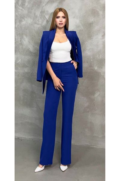 pembekurdelem Saks Blue Women's Satin Shawl Collar Jacket and Pants Set