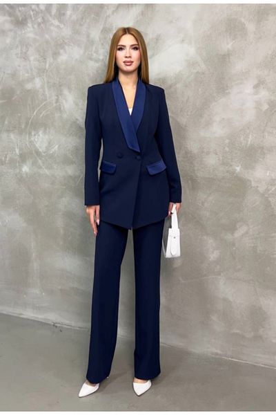 pembekurdelem Navy Blue Satin Women's Shawl Collar Jacket and Pants Set