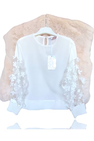 LİTTLE TORTOİSE Floral Stone Embroidered Tulle Sheer Sleeve Detailed Girls' Blouse
