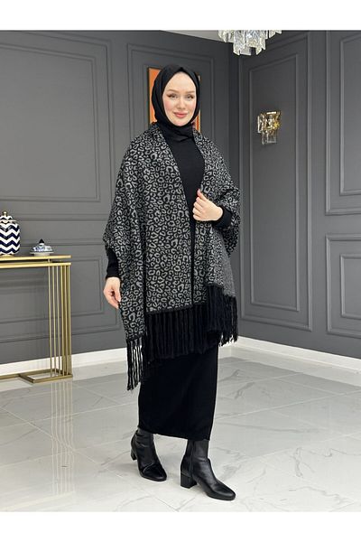 nacar çarşı Women's Tasseled Leopard Patterned Knitting Princess Model Poncho