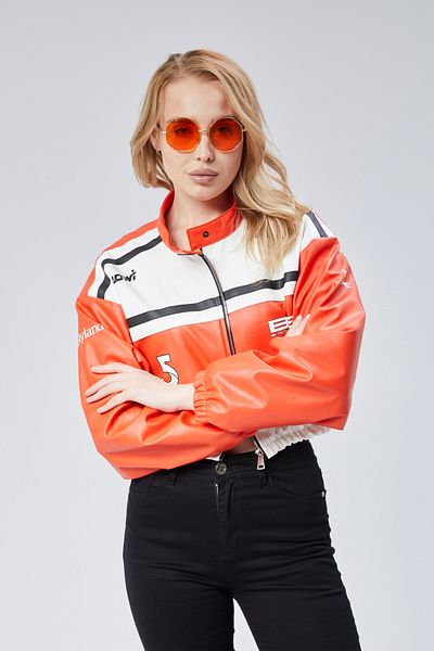 CHOS7N Women's Leather Printed Jacket - Rubber Waist, Sleeves and Prevailing Collar Bomber Coat