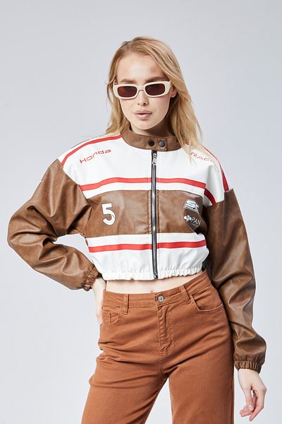 CHOS7N Women's Leather Printed Jacket - Rubber Waist, Sleeves and Prevailing Collar Bomber Coat