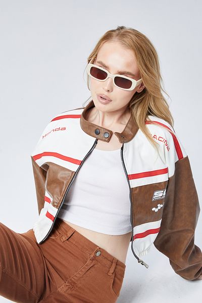 CHOS7N Women's Leather Printed Jacket - Rubber Waist, Sleeves and Prevailing Collar Bomber Coat