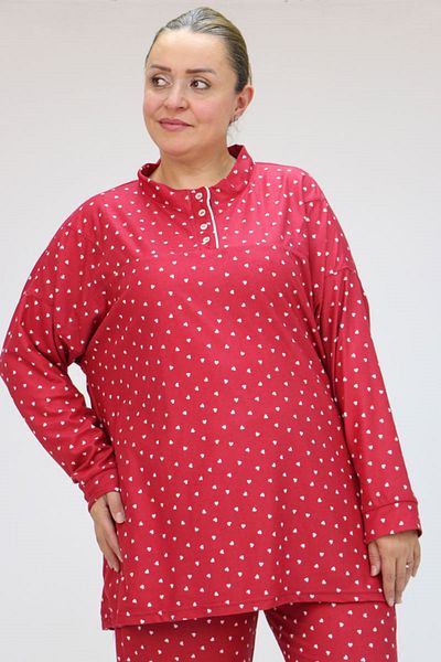 Eslina 47812 Large Size Half Placket Button Micro Suede Pajamas Set - Red