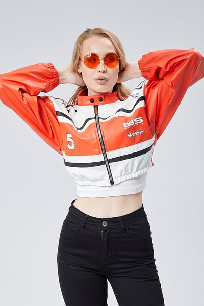 CHOS7N Women's Leather Printed Jacket - Rubber Waist, Sleeves and Prevailing Collar Bomber Coat