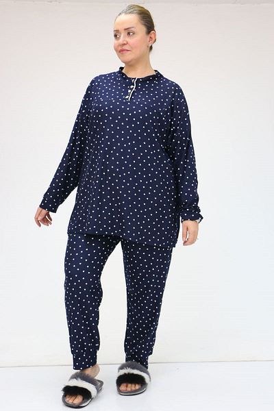Eslina 47812 Large Size Half Placket Button Micro Suede Pajamas Set - Navy