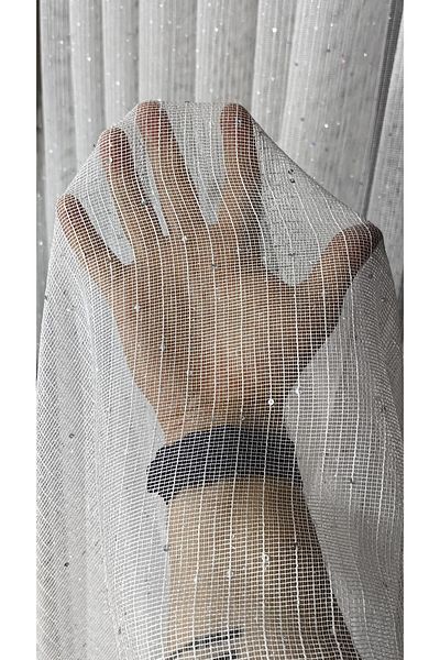 Yuka 1/3 Close Pleat Nonscrinkle Linen Curtain - Pearl Sequin, Vertical Stripes Tulle, Leaded Skirt