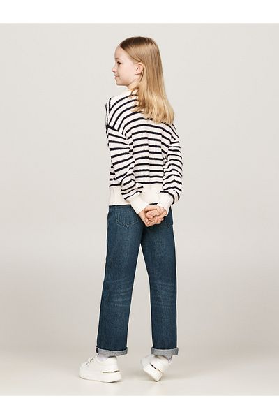 Tommy Hilfiger White & Black Round Neck Full Sleeve Striped Pullover Sweater