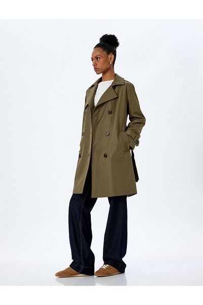 Koton Gabardine Fabric Double Breasted Trench Coat with Comfortable Fit Pockets and Belt