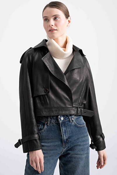 Lebeni Kadın Kısa Deri Ceket - Oversize Crop Trençkot Kesim Bol Mevsimlik Hak...