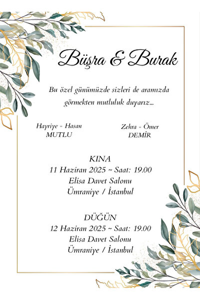 Rana İkra Art Yaprak Temalı Düğün Davetiyesi (50 Adet) (BASKI DAHİL DEĞİLDİR!)