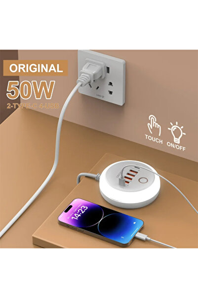 Dynego 50W Çoklu Port USB-C Hızlı Şarj Adaptörü 4USB + 2Type-C Gece Lambalı iPhone 12 13 Uyumlu