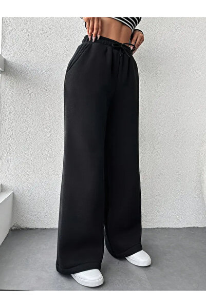 yx yustex sport Bol Paça Kadın Siyah Günlük, Çok Yönlü Cepli Eşofman Altı, Makinede Yıkanabilir