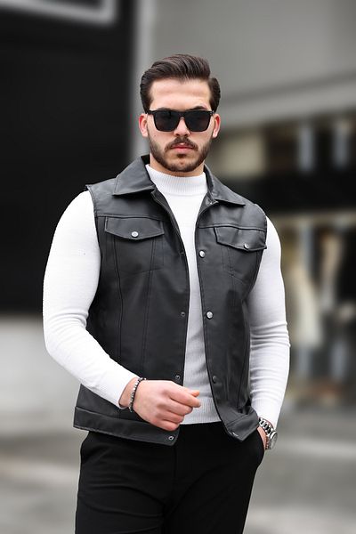 HBT New Season Casual Cut Pocket Detailed Leather Vest