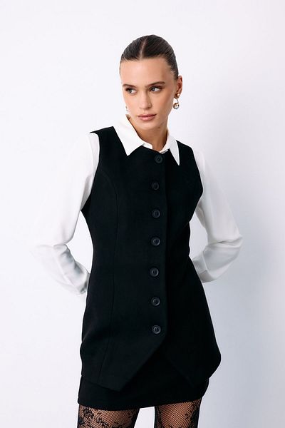 Sateen Vestă lungă din piele intoarsa cu nasturi - NEGRA