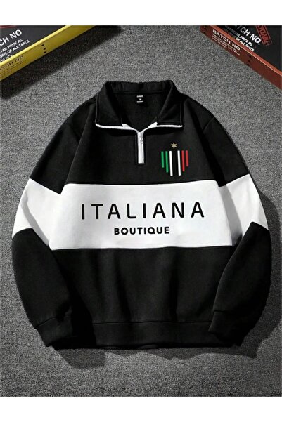 RASCHA سويت شيرت بوتيك أسود للجنسين مطبوع مكون من قصة فضفاضة قطع بياقة بولو وسحاب