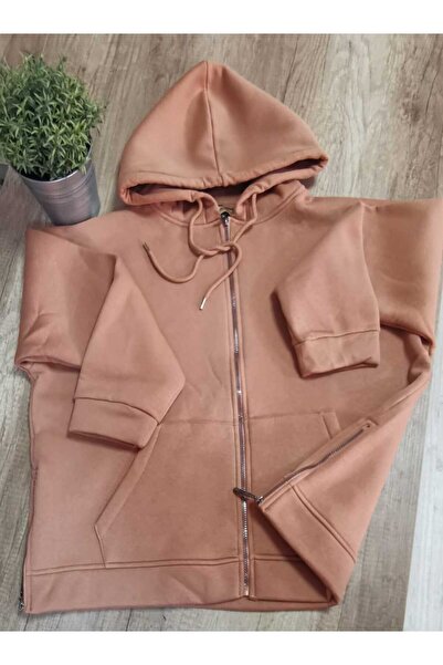 fasardi Büyük Beden Kışlık Kanguru Cep Fermuarlı Kadın Bej Sweatshirt