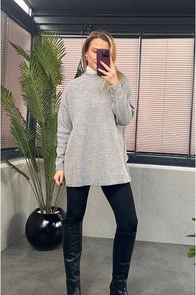 MİR STORE Gray Half-Thigh Ribbed Oversize Sweater