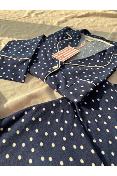 Serbella Navy Blue Polka Dot Patterned Knitted Flannel Pajamas Set