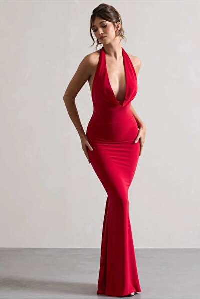 by serkan design Kırmızı Sırtı Açık Kapüşonlu Yaka Balık Kuyruğu Uzun Elbise