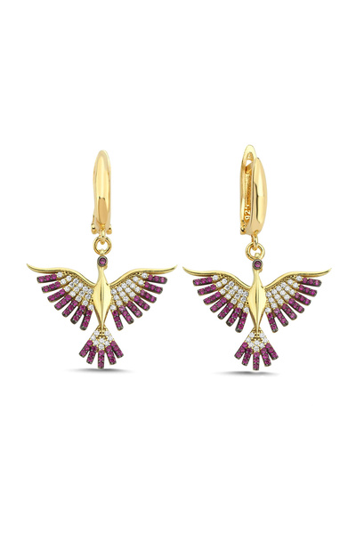 Kayra Mücevher Fuşya Taşlı Anka Kuşu Altın Kaplama Küpee GMK95