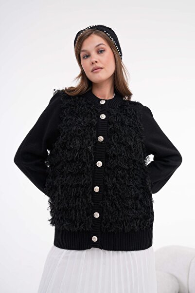 FTZ WOMEN Kadın Püskül Detaylı Hırka Siyah 20916