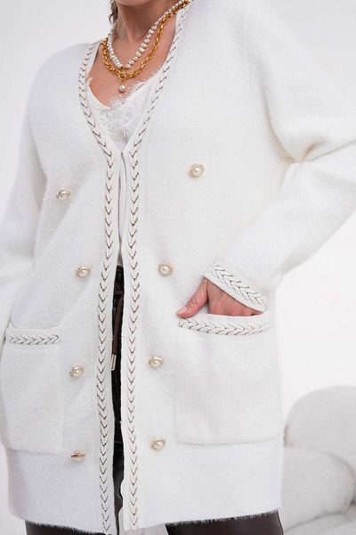 FTZ WOMEN Women's Hair Braid Detailed Cardigan Ecru 20943